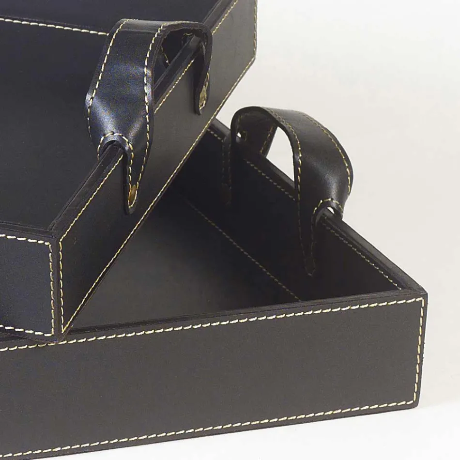 2 vassoi di design in cuoio nero 41x28x5cm e 45x32x6cm Anastasia Viadurini