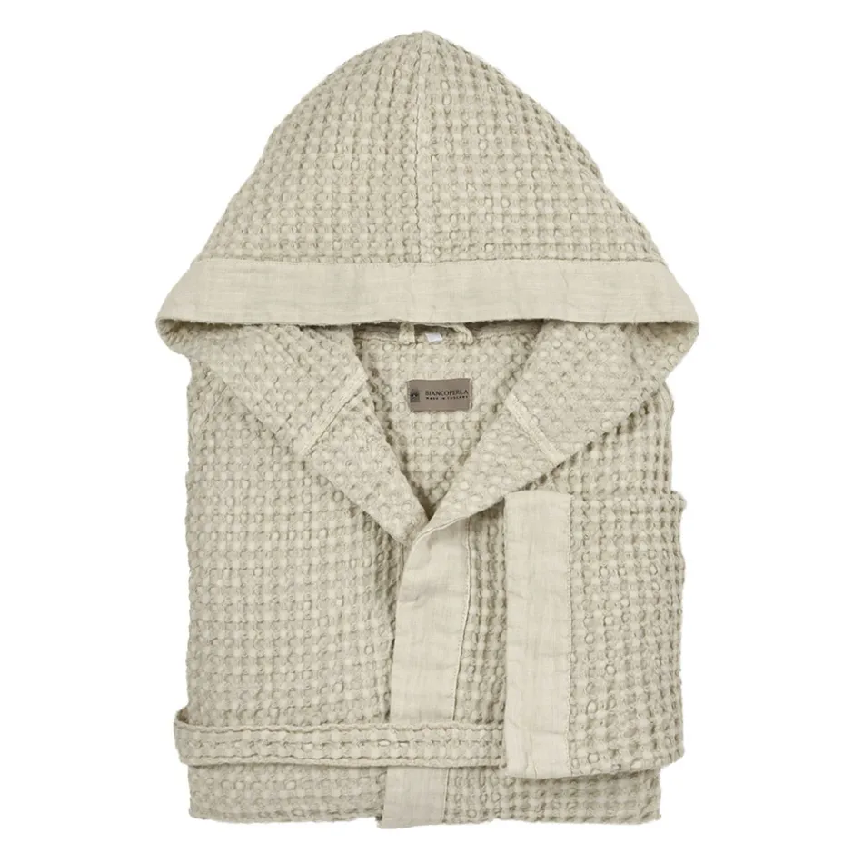 Accappatoio con Cappuccio in Nido D'Ape di Cotone con Balza di Lino - Plush Viadurini