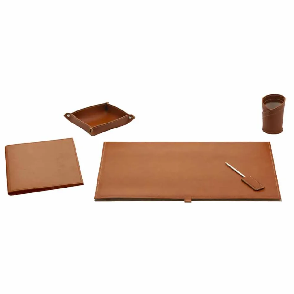 Accessori per Scrivania in Cuoio Rigenerato 5 Pezzi Made in Italy - Aristotele Viadurini