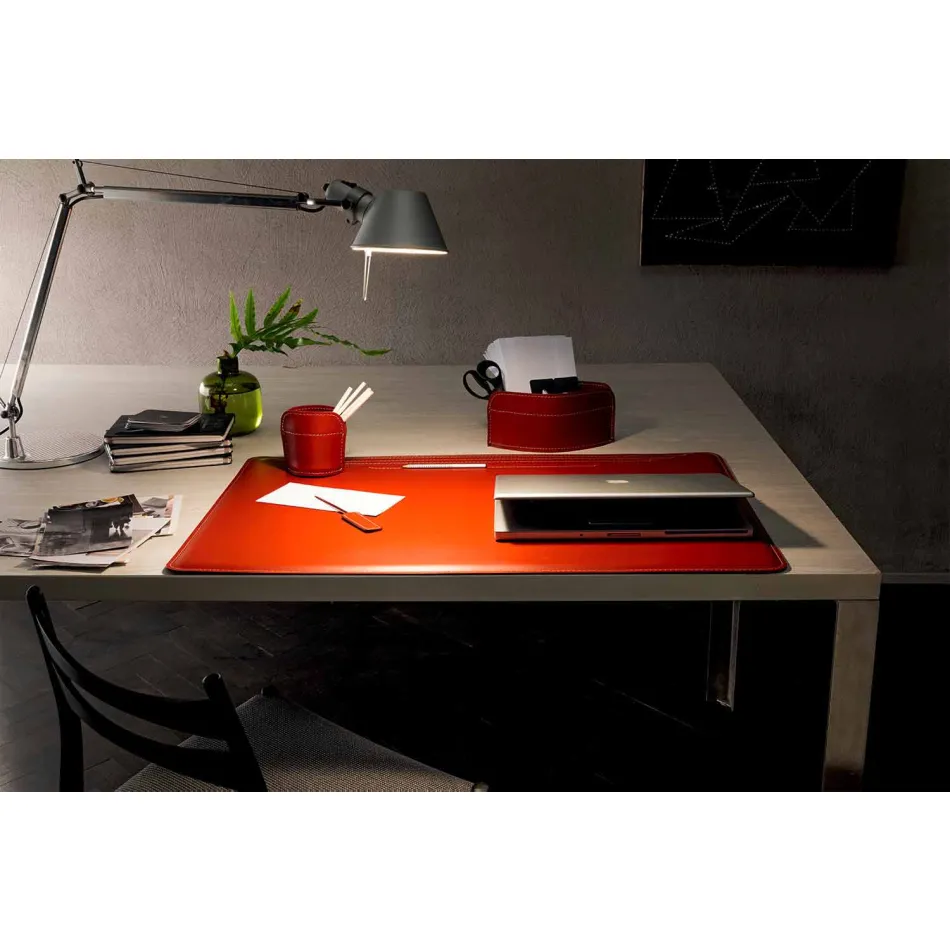 Accessori per Scrivania in Cuoio Rigenerato da 4 Pezzi Made in Italy - Ebe Viadurini