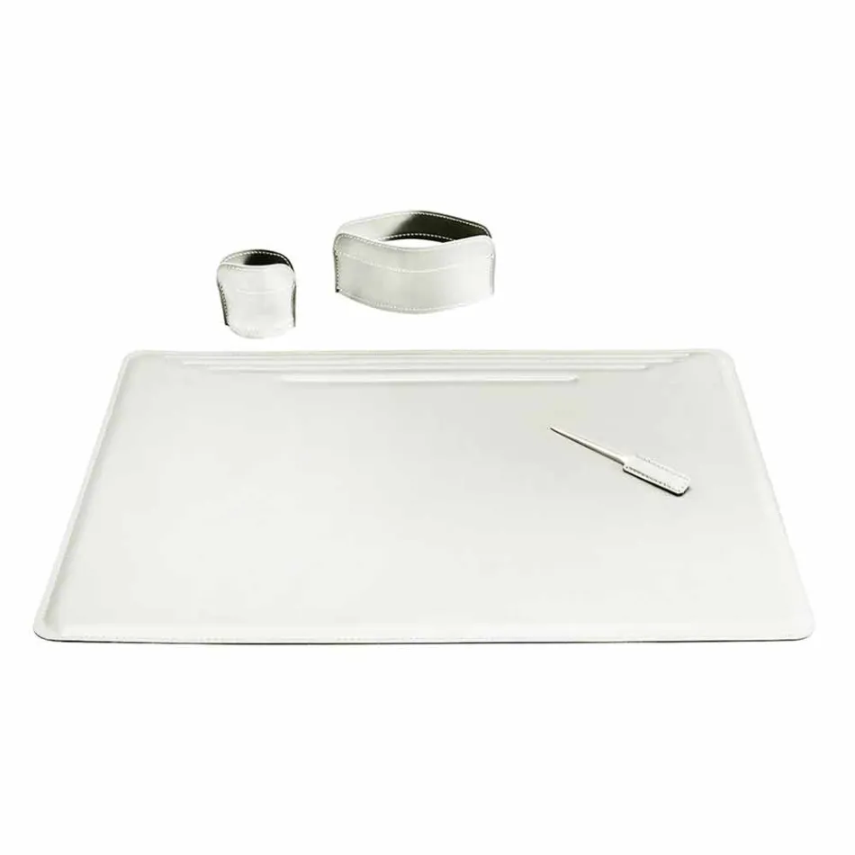 Accessori per Scrivania in Cuoio Rigenerato da 4 Pezzi Made in Italy - Ebe Viadurini
