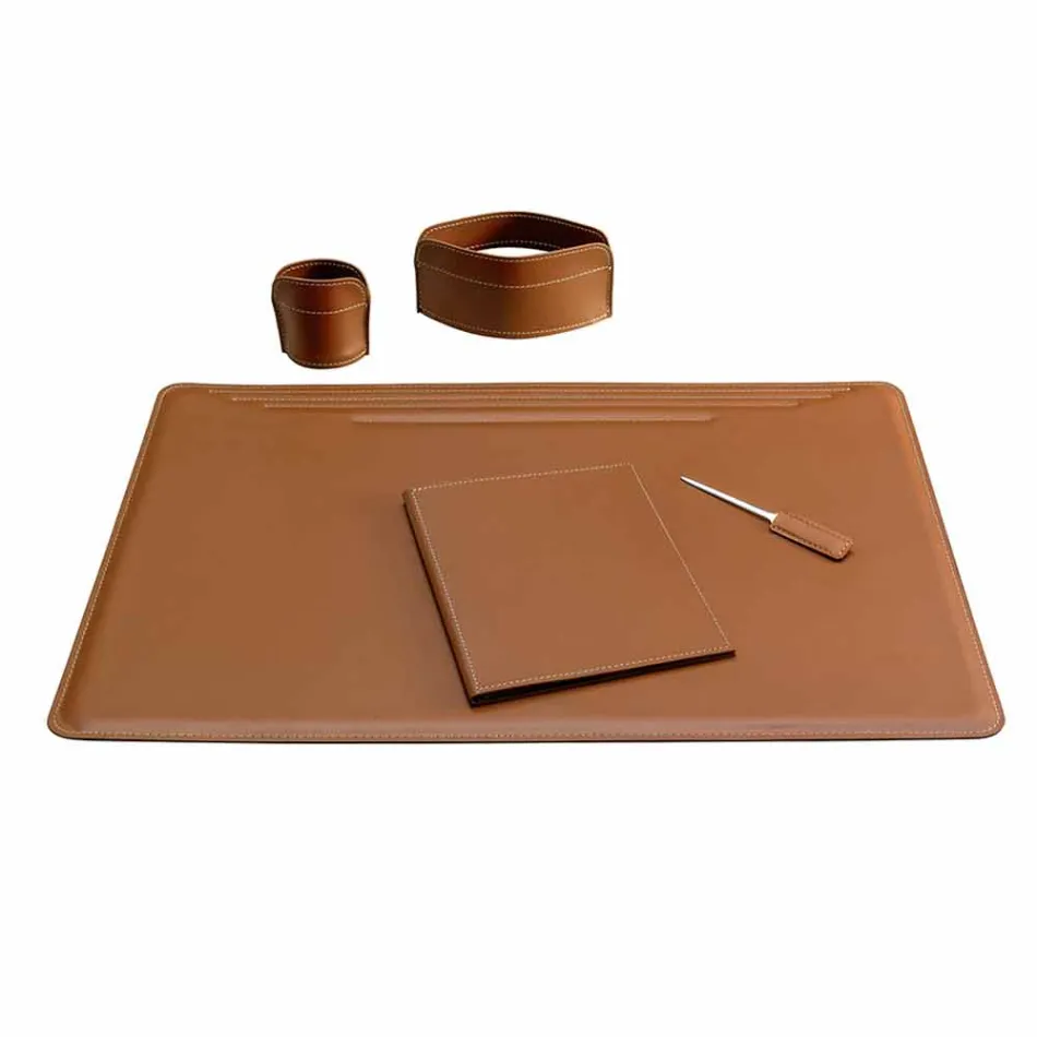 Accessori per Scrivania in Cuoio Rigenerato da 5 Pezzi Made in Italy - Ebe Viadurini
