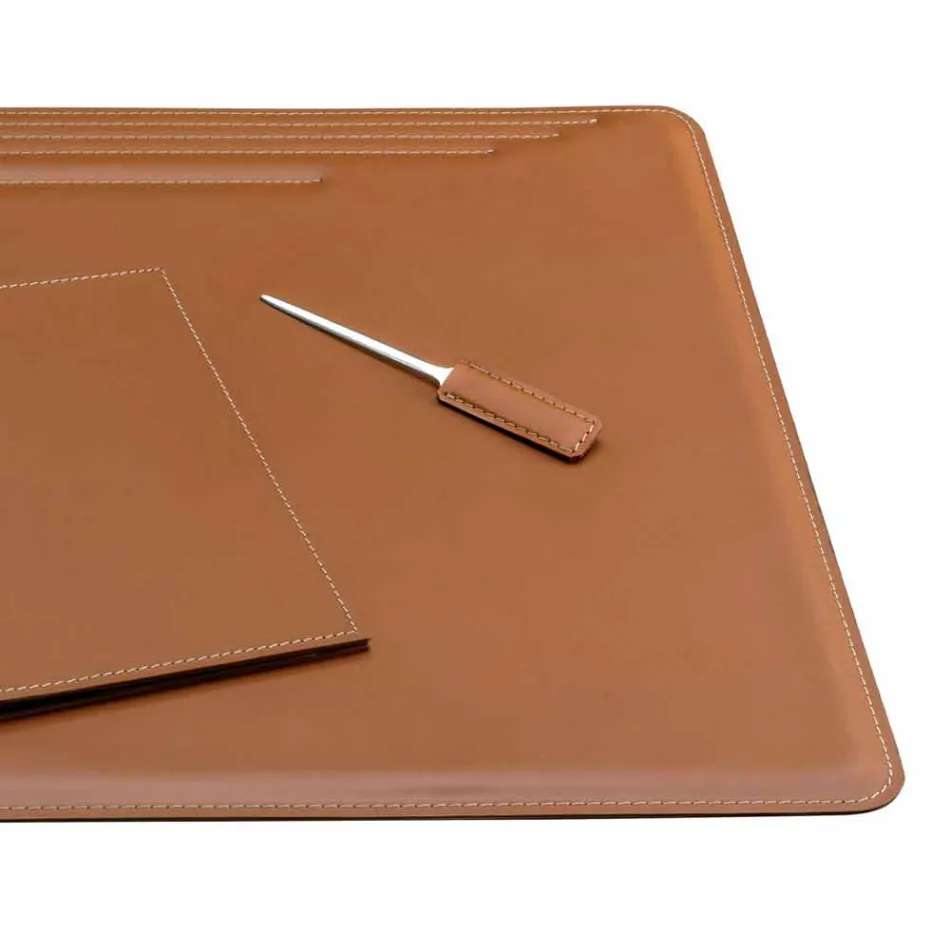 Accessori per Scrivania in Cuoio Rigenerato da 5 Pezzi Made in Italy - Ebe Viadurini