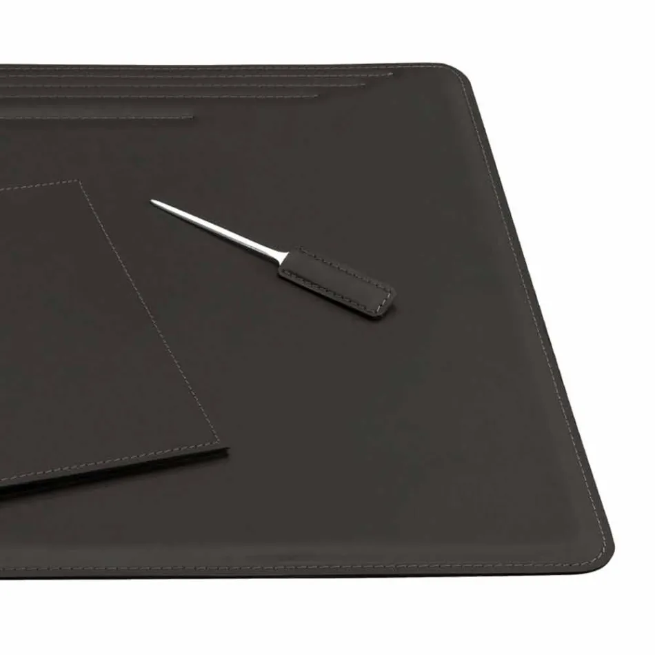 Accessori per Scrivania in Cuoio Rigenerato da 5 Pezzi Made in Italy - Ebe Viadurini