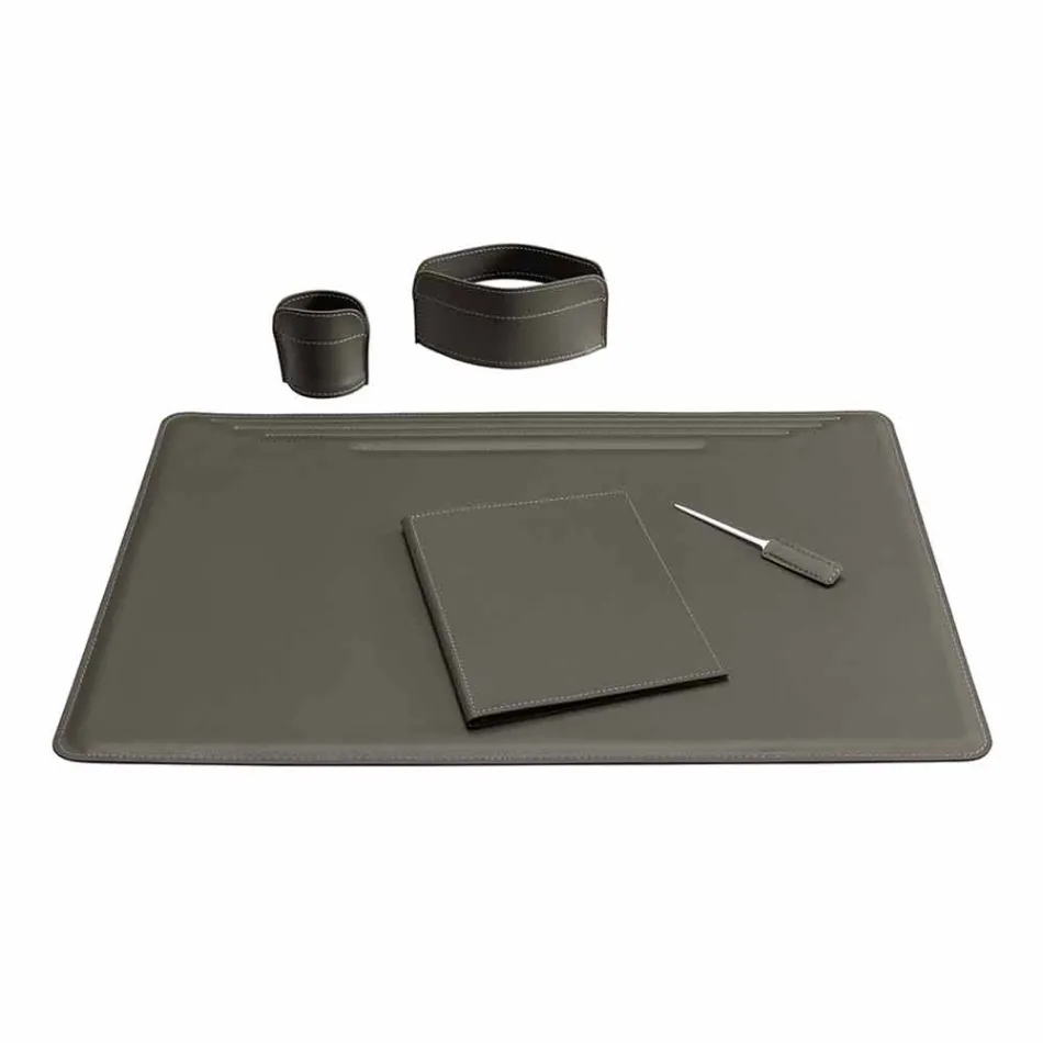 Accessori per Scrivania in Cuoio Rigenerato da 5 Pezzi Made in Italy - Ebe Viadurini