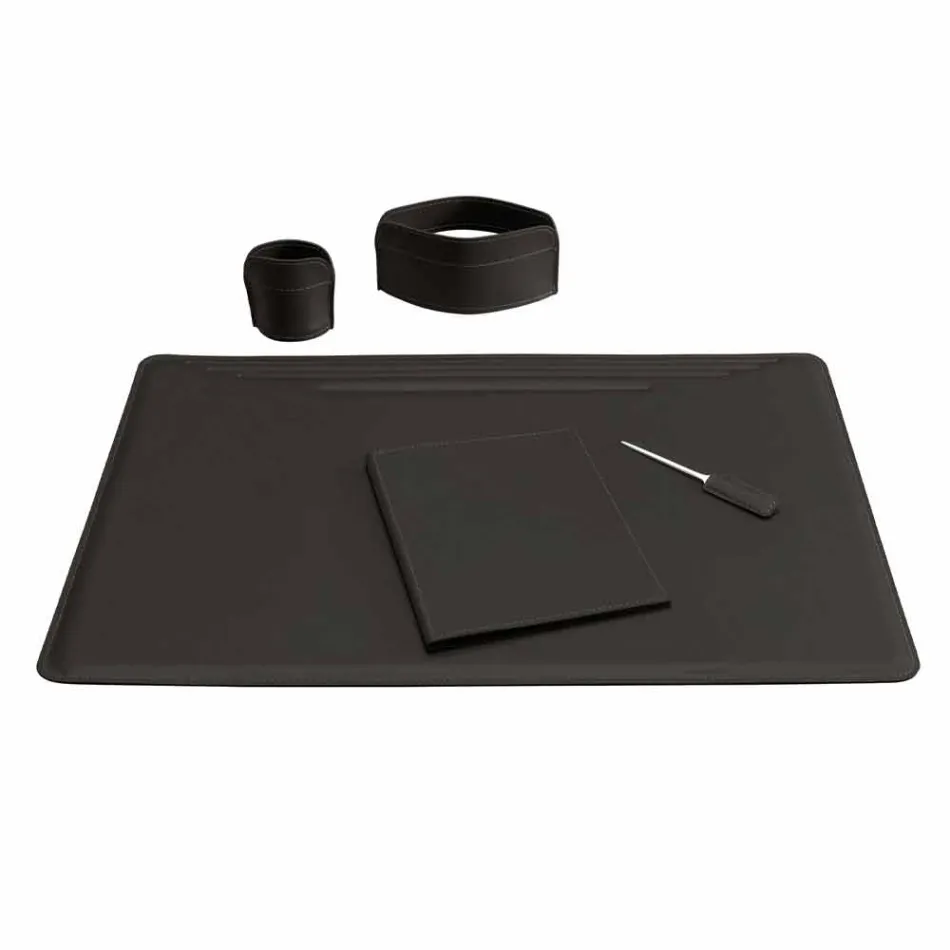 Accessori per Scrivania in Cuoio Rigenerato da 5 Pezzi Made in Italy - Ebe Viadurini