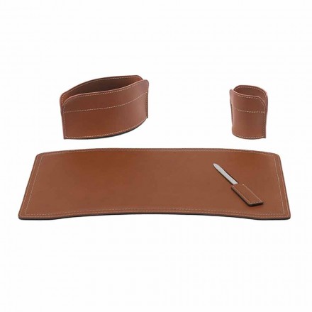 Accessori Scrivania in Cuoio Rigenerato da 4 Pezzi Made in Italy - Brando Viadurini