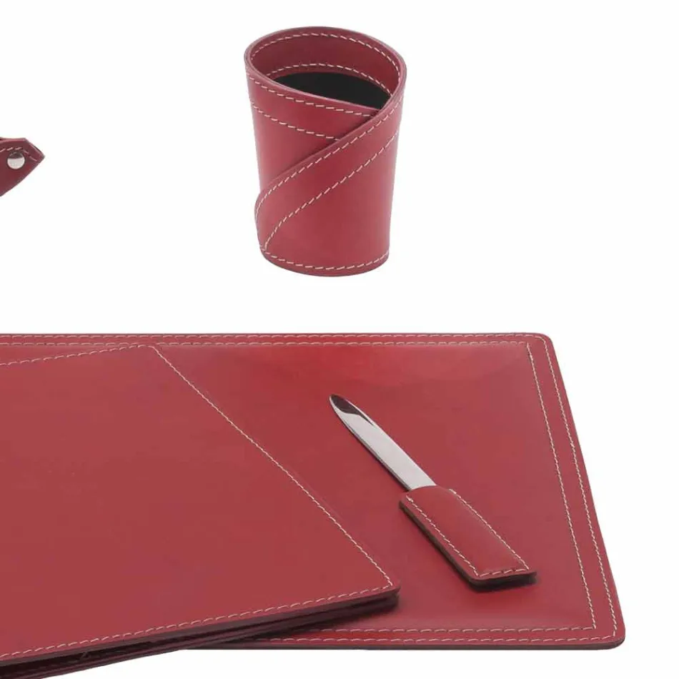 Accessori Scrivania in Cuoio Rigenerato da 5 Pezzi Made in Italy  - Ascanio Viadurini