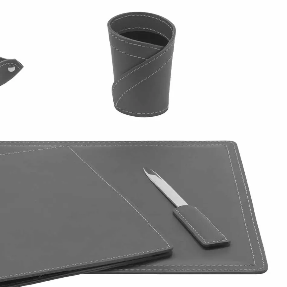 Accessori Scrivania in Cuoio Rigenerato da 5 Pezzi Made in Italy  - Ascanio Viadurini