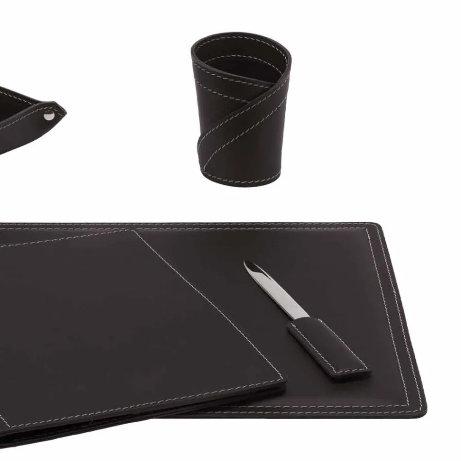 Accessori Scrivania in Cuoio Rigenerato da 5 Pezzi Made in Italy  - Ascanio Viadurini