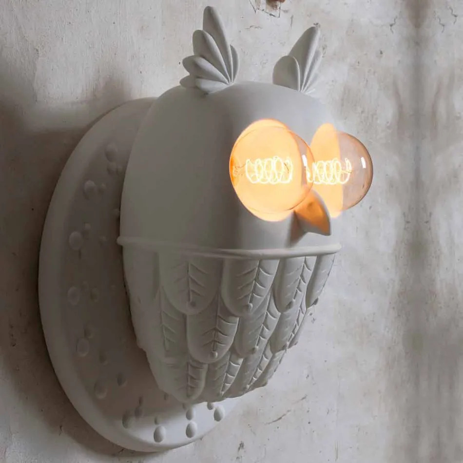 Applique a Muro 2 Luci in Ceramica Bianca Opaca Design Moderno Civetta - Gufo Viadurini
