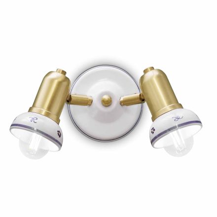 Applique Rotonda 2 Faretti in Ottone e Ceramica Dipinta a Mano - Savona Viadurini