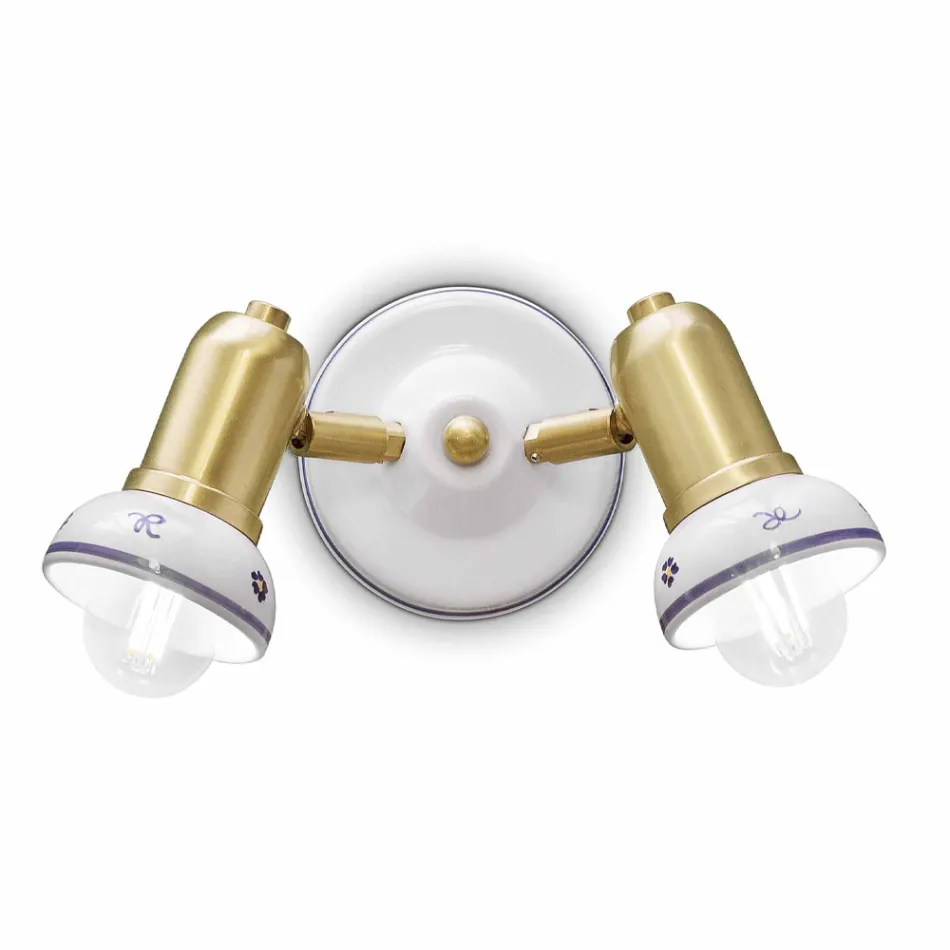 Applique Rotonda 2 Faretti in Ottone e Ceramica Dipinta a Mano - Savona Viadurini