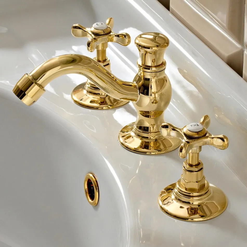 Batteria Lavabo a 3 Fori con Scarico in Ottone Fatto a Mano Classico - Fioretta Viadurini
