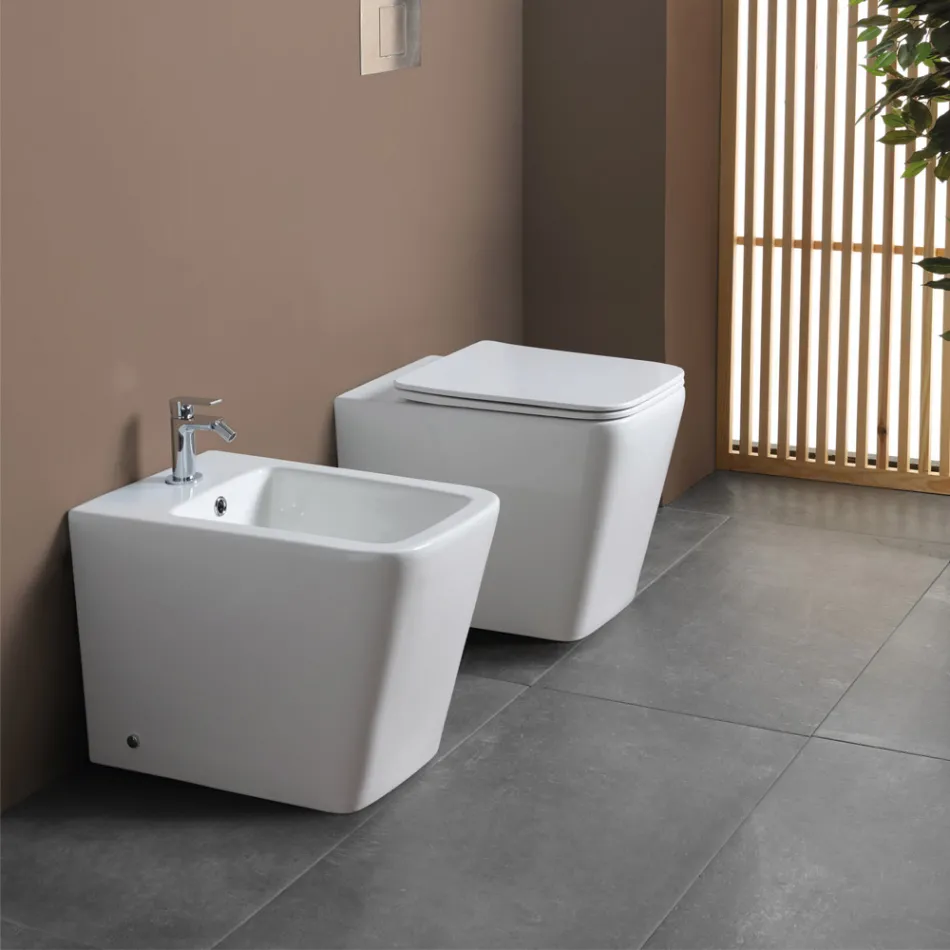 Bidet Monoforo A Terra in Ceramica Bianca dal Design Moderno Elegante - Giunco Viadurini
