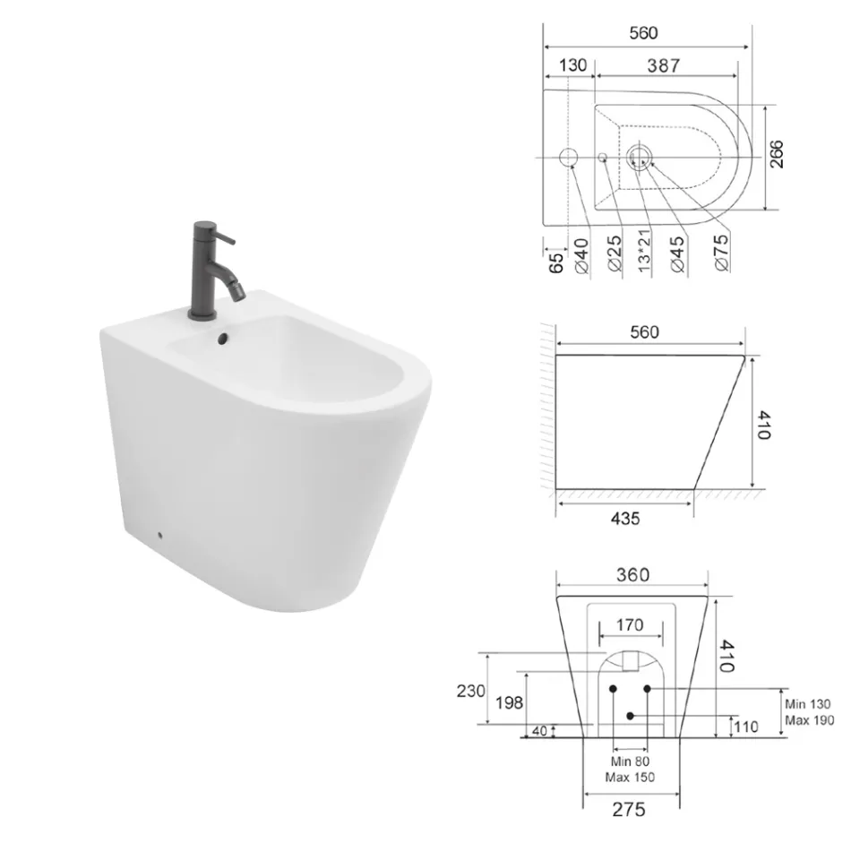 Bidet Monoforo a Terra in Ceramica Bianca dal Design Moderno Elegante - Salice Viadurini
