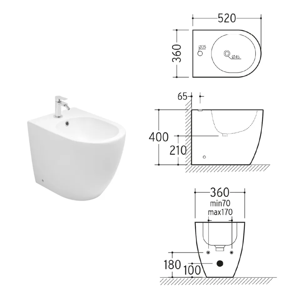 Bidet Monoforo a Terra in Ceramica Bianca Resistente e Design Moderno - Aster Viadurini