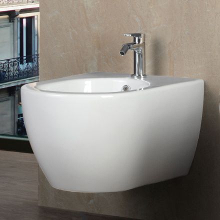 Bidet Sospeso Monoforo in Ceramica Bianca Resistente dal Design Moderno - Aster Viadurini