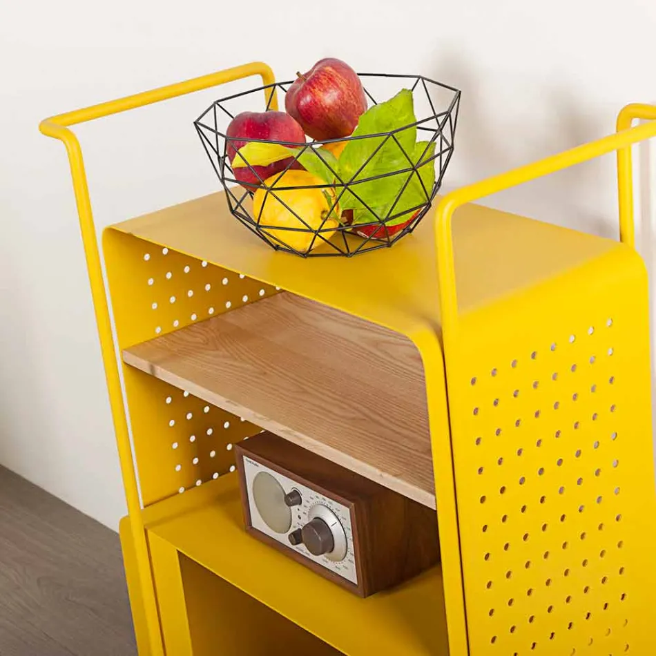 Carrello di Design in Acciaio con Piano in Frassino Made in Italy - Murella Viadurini