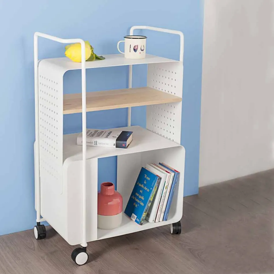 Carrello di Design in Acciaio con Piano in Frassino Made in Italy - Murella Viadurini