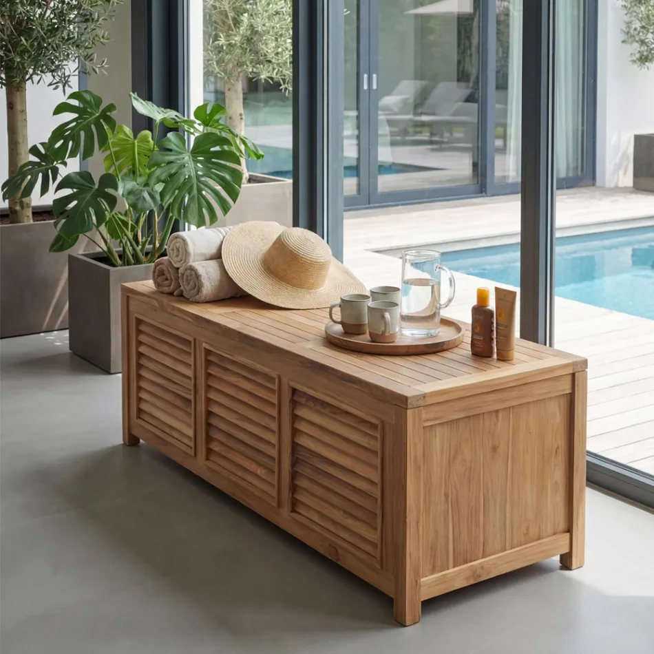 Cassapanca da Giardino Realizzata in Teak Naturale - Nascondi Viadurini