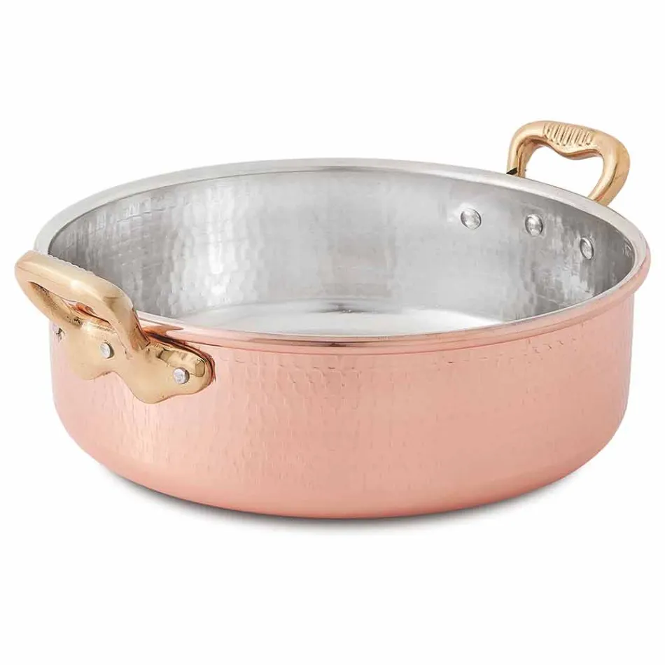 Casseruola Bassa in Rame Stagnato a Mano Tonda con 2 Manici 24 cm - Gianfranco Viadurini