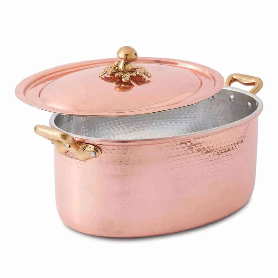 Casseruola in Rame Ovale Stagnato a Mano da Forno e Coperchio 27x20 cm - Mariag Viadurini