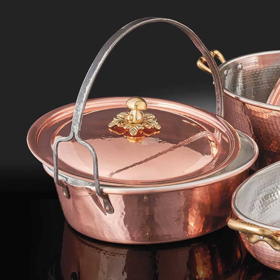 Casseruola in Rame Stagnato a Mano, Coperchio e Manico ad Arco 34 cm - Mariagiu Viadurini