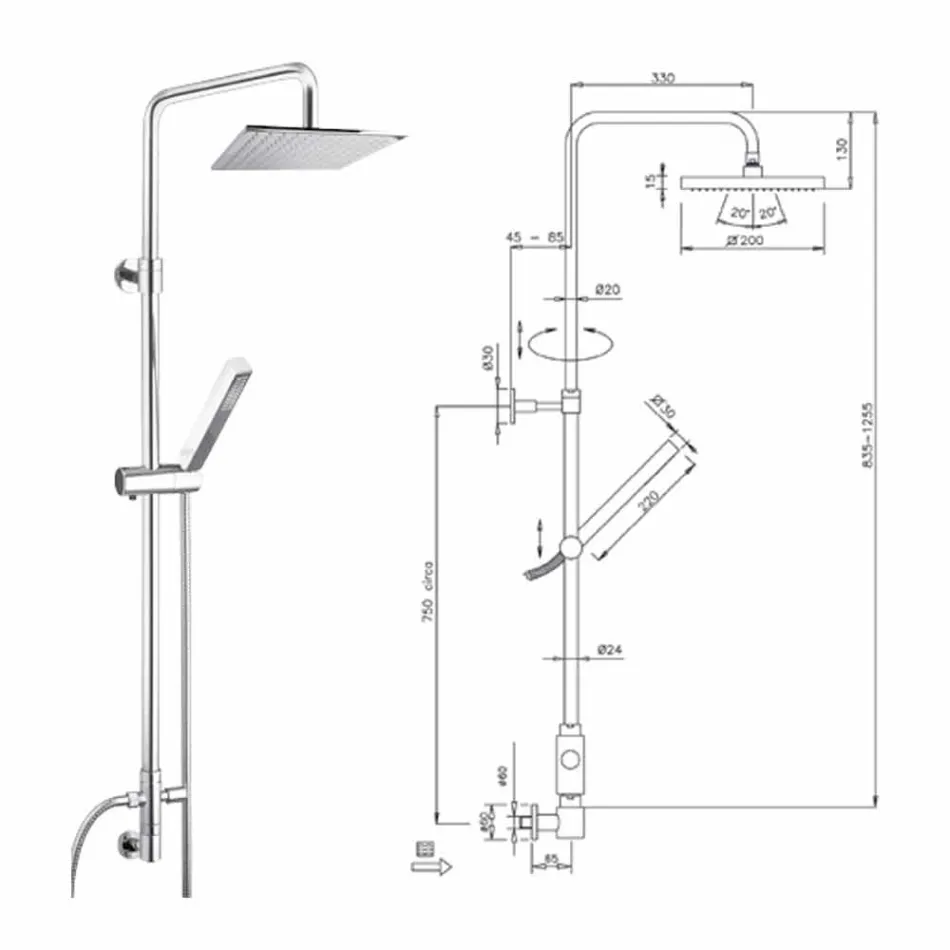 Colonna Doccia in Ottone con Soffione e Doccetta in Abs Made in Italy - Lesio Viadurini