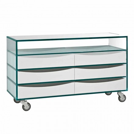 Comò in Vetro Extrachiaro e Sei Cassetti in Legno Bianco Made in Italy – Ganzo Viadurini