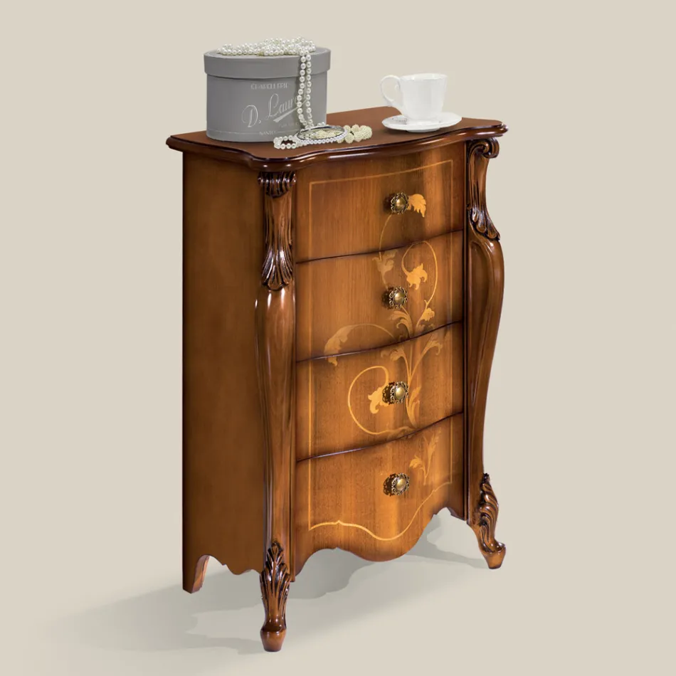 Comodino Classico in Legno Intarsiato 4 Cassetti Made in Italy - Ottaviano Viadurini