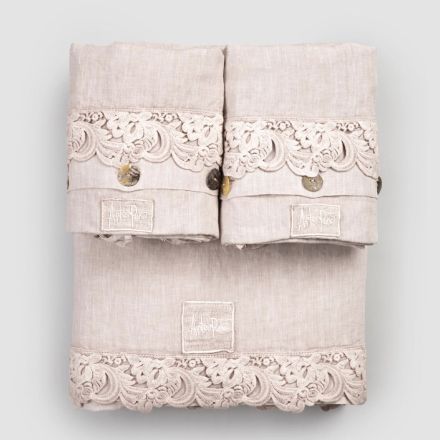 Completo Lenzuola Matrimoniale in Lino Leggero e Pizzo Armonia 2 Colori - Dettox Viadurini