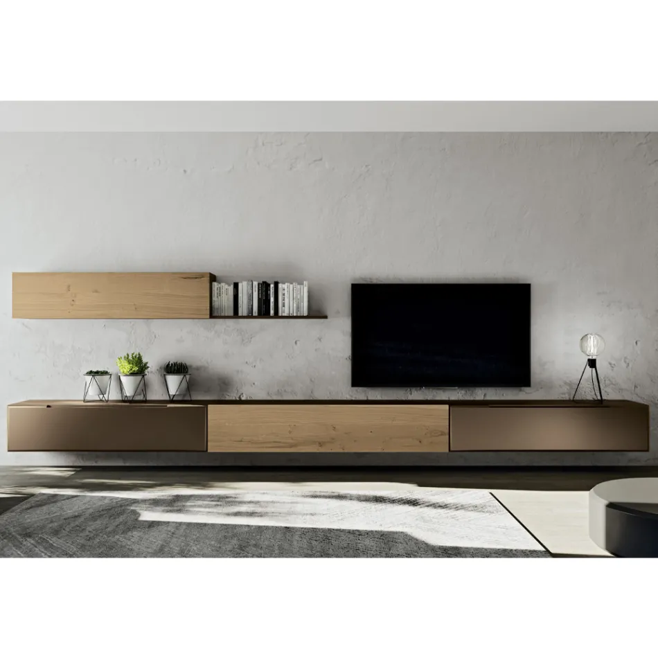 Composizione a Parete Moderna in Finitura Rovere Nodato Nordico e Ferro - Iselin Viadurini