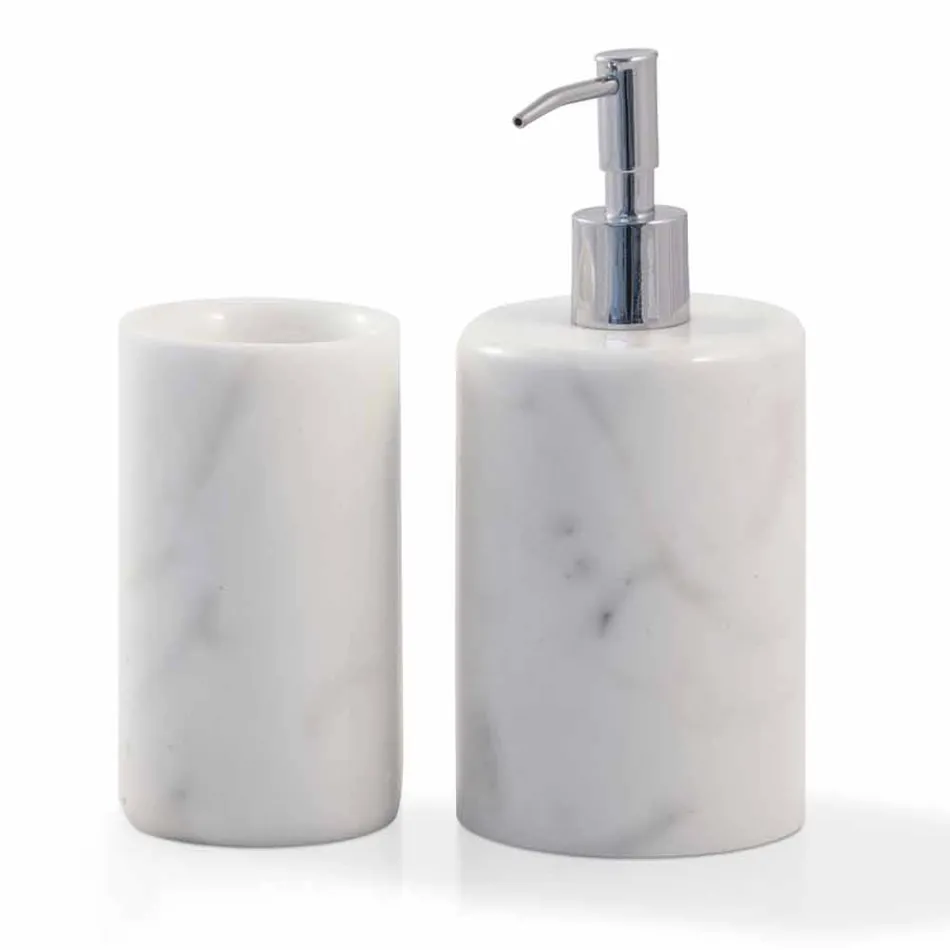 Composizione Accessori da Bagno in Marmo Bianco di Carrara Made in Italy - Tuono Viadurini