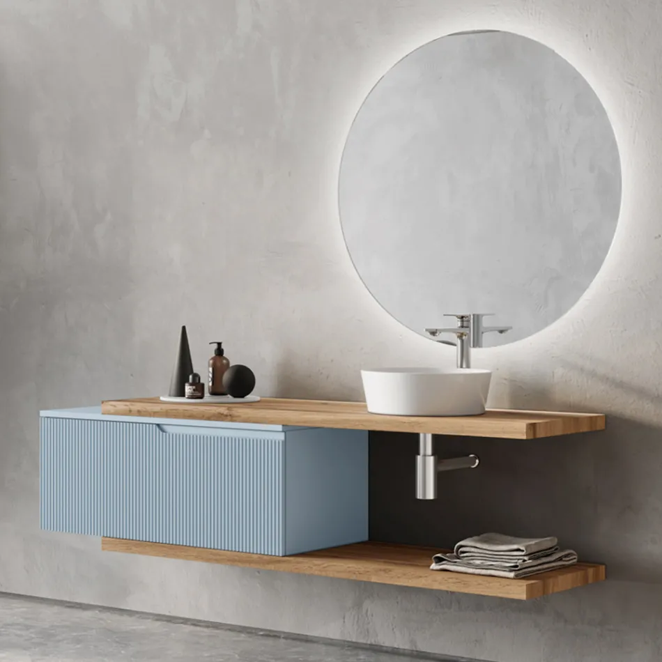 Composizione Bagno Azzurro Tiffany e Quercia con Specchio Made in Italy - Ermes Viadurini