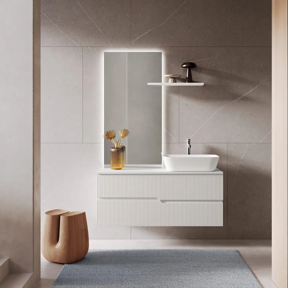 Composizione Bagno Bianca con Specchio e Mensola Made in Italy - Ares Viadurini