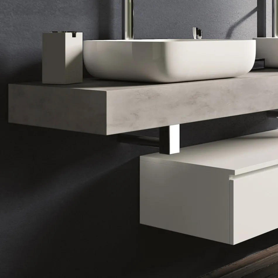 Composizione Bagno Color Cemento e Bianco Opaco con Lavabo, Specchio e Base - Palom Viadurini
