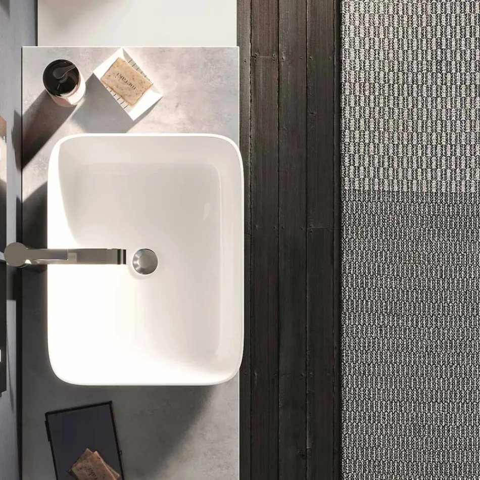 Composizione Bagno Color Cemento e Bianco Opaco con Lavabo, Specchio e Base - Palom Viadurini