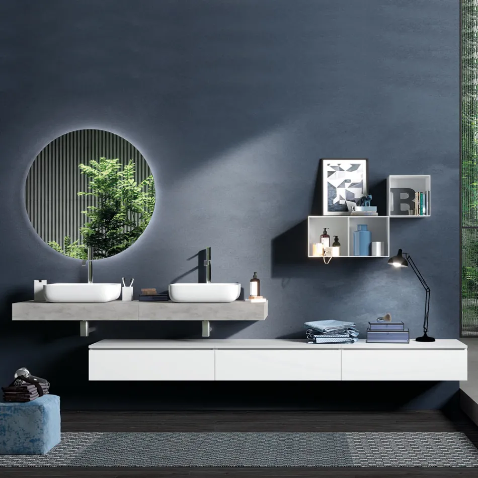 Composizione Bagno Color Cemento e Bianco Opaco con Lavabo, Specchio e Base - Palom Viadurini