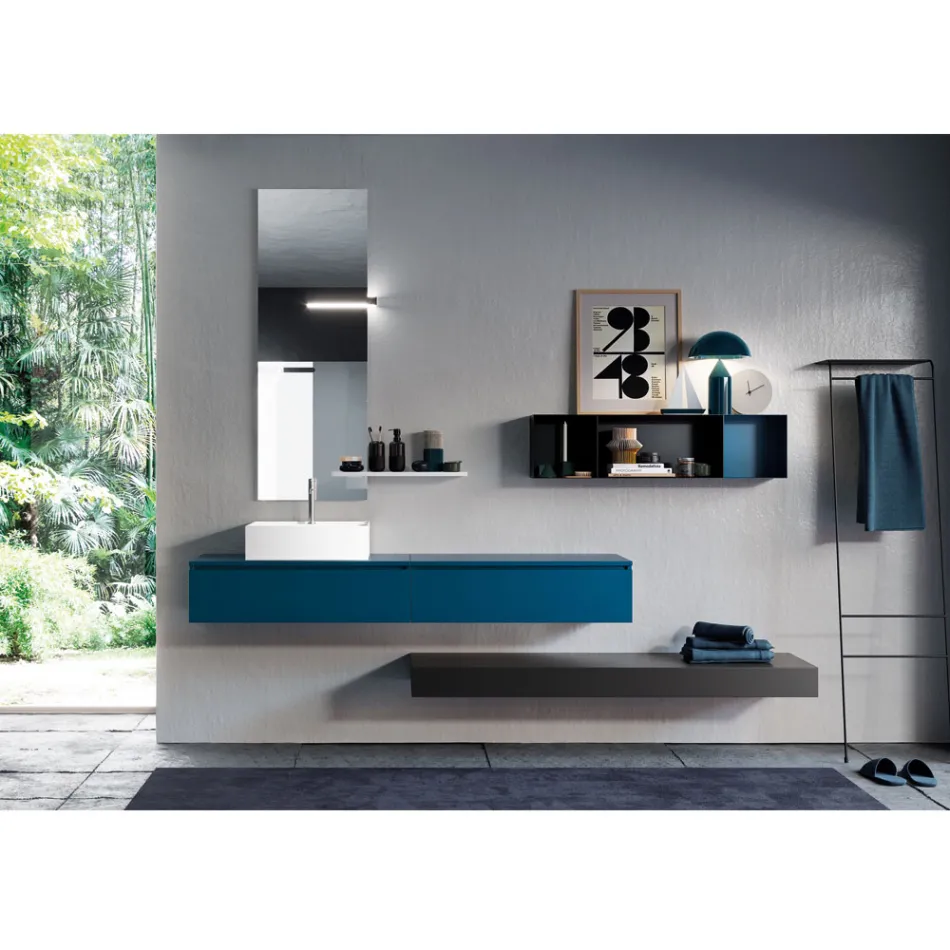 Composizione Bagno Completa di Specchio, Lavabo in Ceramica Made in Italy - Palom Viadurini