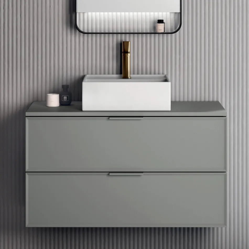 Composizione Bagno Comprensiva di 1 Base con 2 Cassetti, Lavabo e Specchio Led - Orione Viadurini