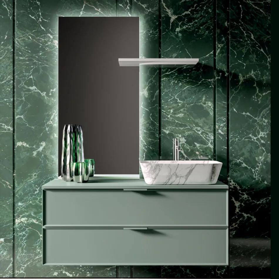 Composizione Bagno Comprensiva di 1 Base con 2 Cassetti, Lavabo e Specchio - Orione Viadurini