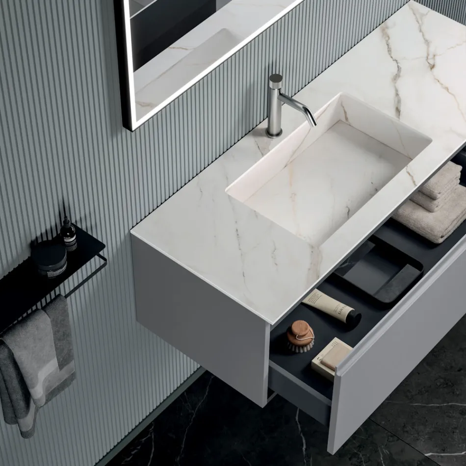 Composizione Bagno con 1 Base con 1 Cassetto e Vano a Giorno e Specchio - Titan Viadurini