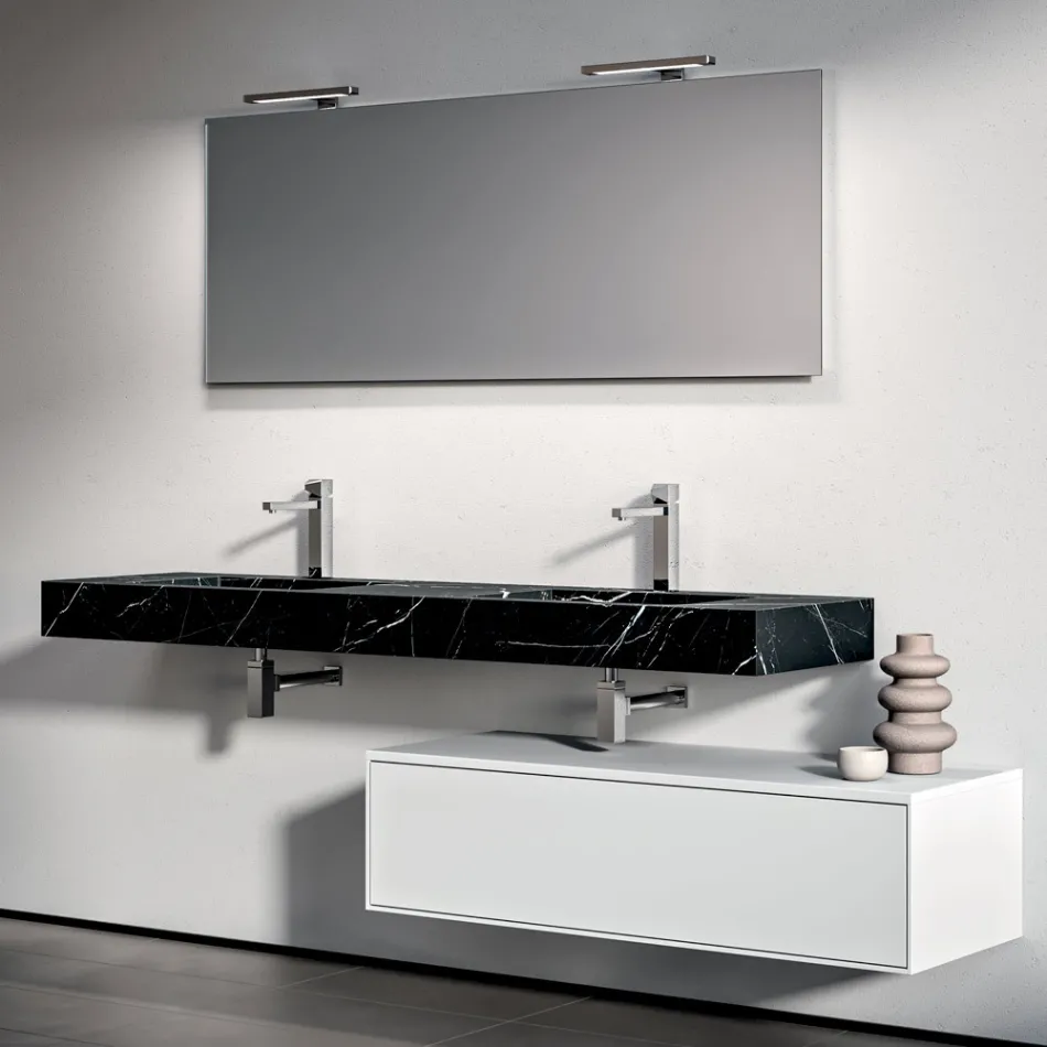 Composizione Bagno con 1 Cassetto Bianco, Specchio e Mensola Hpl Marquina - Velaria Viadurini