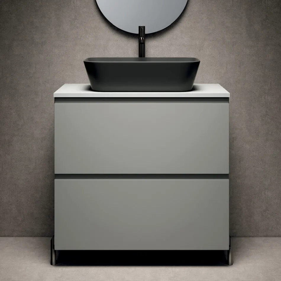 Composizione Bagno con 1 Cassetto, Lavabo in Resina Antracite e Specchio - Titan Viadurini