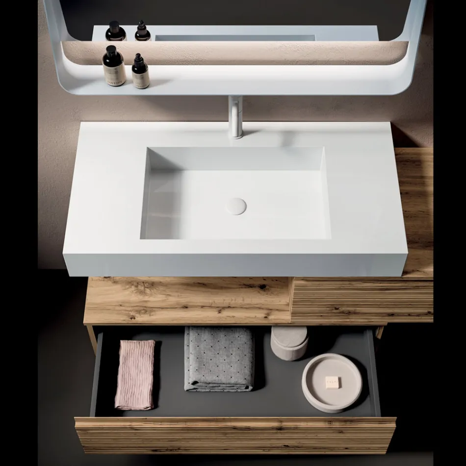 Composizione Bagno con 2 Cassetti, Lavabo Bianco, Specchio e Pensile - Elios Viadurini