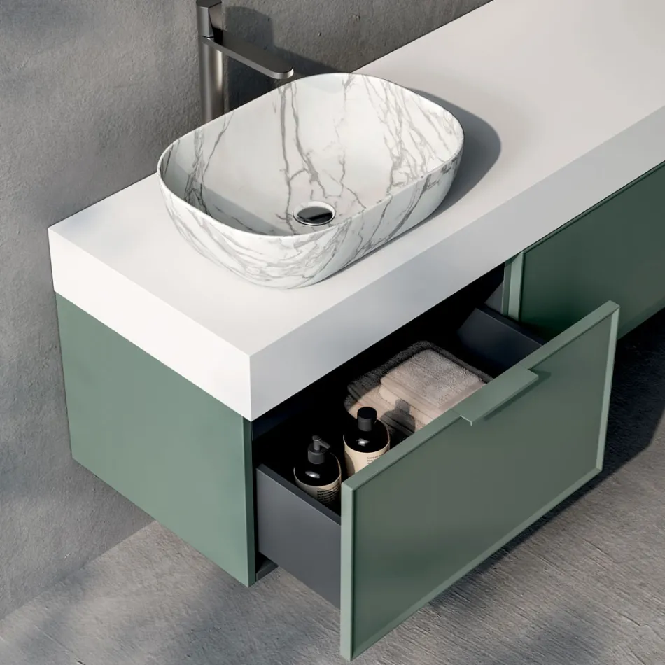 Composizione Bagno con 2 Cassetti, Lavabo in Ceramica Calacatta e Specchio - Orione Viadurini