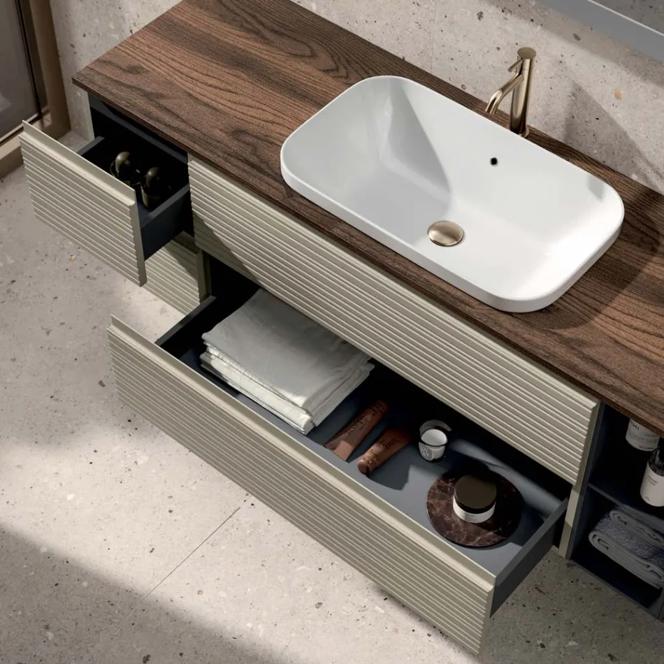 Composizione Bagno con 4 Cassetti, Lavabo, Specchio e Vani a Giorno - Elios Viadurini