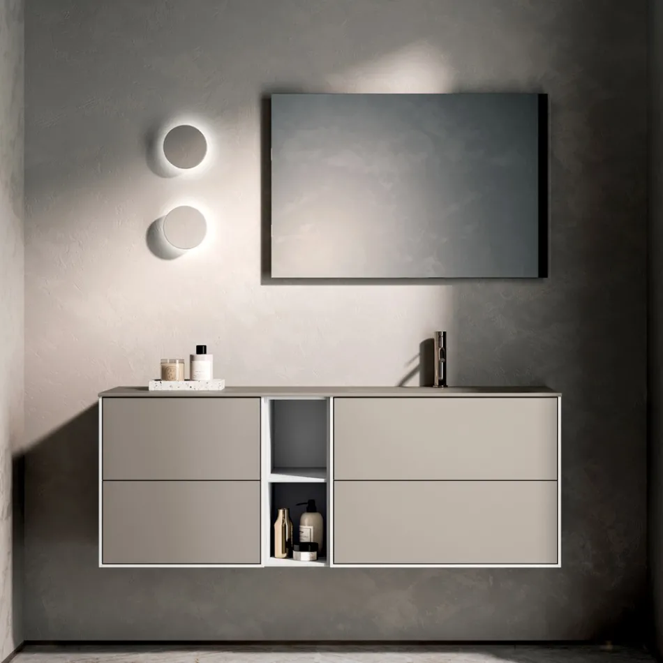 Composizione Bagno con 4 Cassetti, Vano a Giorno, Lavabo e Specchio - Velaria Viadurini