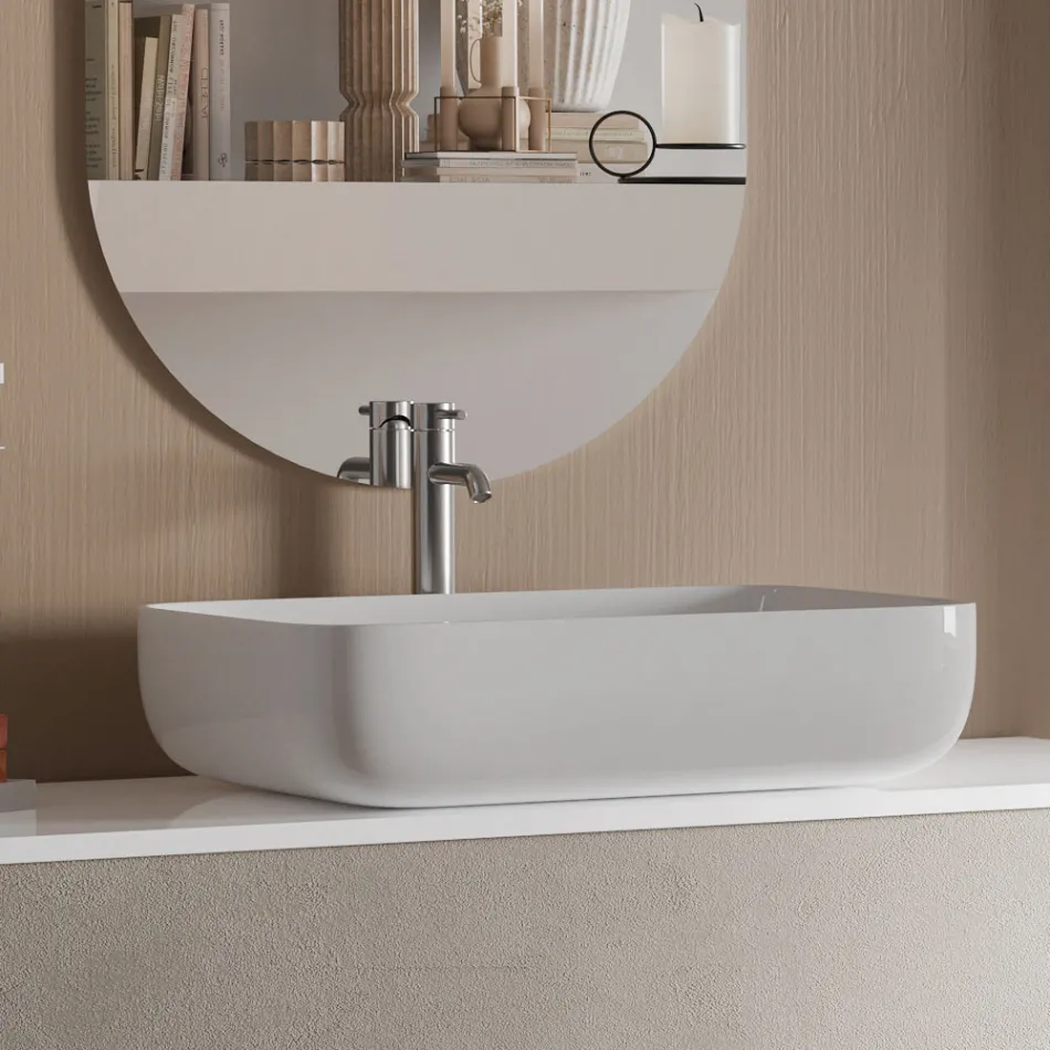 Composizione Bagno con Base Pietra Avana, Specchio e Lavabo Made in Italy - Kilos Viadurini